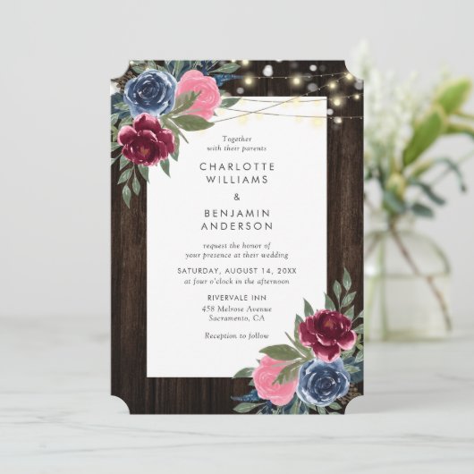 ブルゴーニュ海軍ブルーピンク素朴ウッドフローラ結婚ズ 招待状 (スタンド正面)