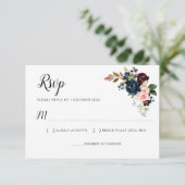 ブルゴーニュ海軍ブルーピンク赤面フローラRSVPカード 出欠カード (スタンド正面)