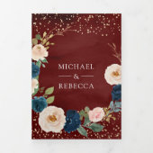 ブルゴーニュ海軍ブルーピーチフローラQRコード結婚ズ 三つ折り招待状 (カバー)