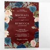 ブルゴーニュ海軍ブルーピーチフローラQRコード結婚ズ 三つ折り招待状 (内部最初)