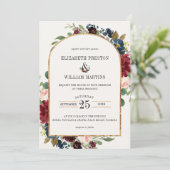 ブルゴーニュ海軍ブルーフローラアーチフレームフォト結婚ズ 招待状 (スタンド正面)