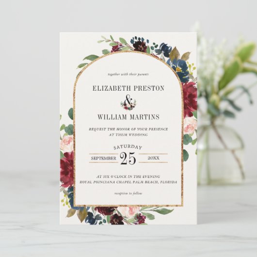 ブルゴーニュ海軍ブルーフローラアーチフレームフォト結婚ズ 招待状 (スタンド正面)