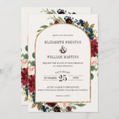 ブルゴーニュ海軍ブルーフローラアーチフレームフォト結婚ズ 招待状 (正面/裏面)