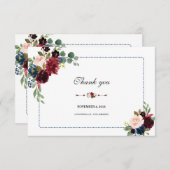 ブルゴーニュ海軍ブルーフローラフレームウェディングRSVP サンキューカード (正面/裏面)