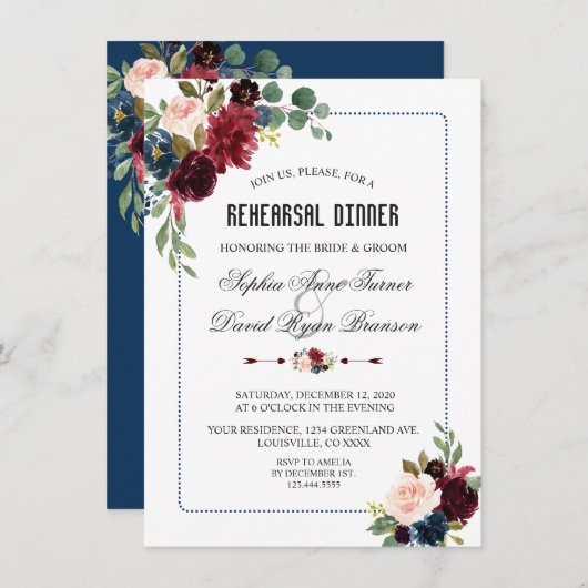 ブルゴーニュ海軍ブルーフローラフレームリハーサルディナー 招待状 (正面/裏面)