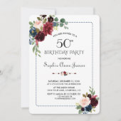 ブルゴーニュ海軍ブルーフローラフレーム50誕生日 招待状 (正面)