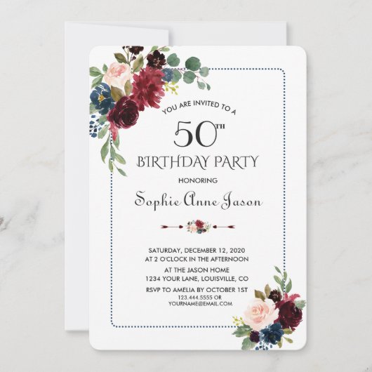 ブルゴーニュ海軍ブルーフローラフレーム50誕生日 招待状 (正面)