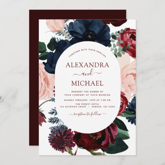 ブルゴーニュ海軍ブルーフローラユーカリ結婚ス 招待状 (正面/裏面)