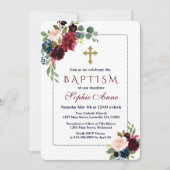 ブルゴーニュ海軍ブルーフローラ点々のあるフレームバプテスマ 招待状 (正面)