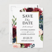 ブルゴーニュ海軍ブルーフローラ結婚式の日付を保存 ポストカード (正面/裏面)