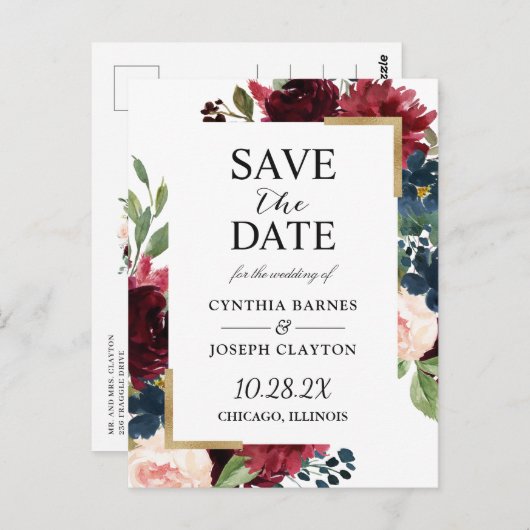 ブルゴーニュ海軍ブルーフローラ結婚式の日付を保存 ポストカード (正面/裏面)