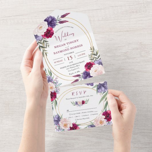 ブルゴーニュ海軍ブルーフローラ金ゴールドジオメトリック結婚ス オールインワン招待状 (貼ってはがせる)