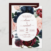 ブルゴーニュ海軍ブルー写真フローラ結婚ズ 招待状 (正面/裏面)