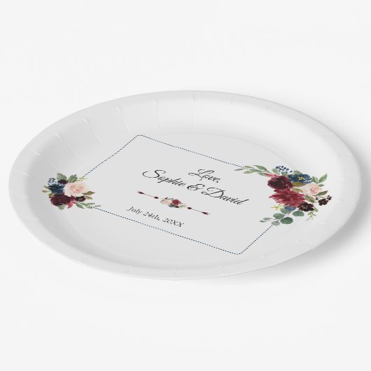 ブルゴーニュ海軍ブルー点々のあるフローラフレ結婚ーム ペーパープレート (アングル)