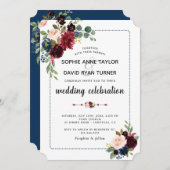 ブルゴーニュ海軍ブルー点々のあるフローラフレ結婚ーム 招待状 (正面/裏面)