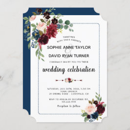 ブルゴーニュ海軍ブルー点々のあるフローラフレ結婚ーム 招待状