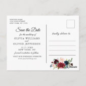 ブルゴーニュ海軍ブルー赤面ウェディング日付を保存 ポストカード (裏面)