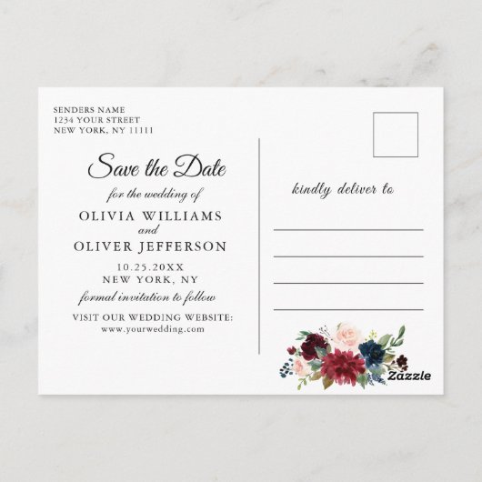 ブルゴーニュ海軍ブルー赤面ウェディング日付を保存 ポストカード (裏面)