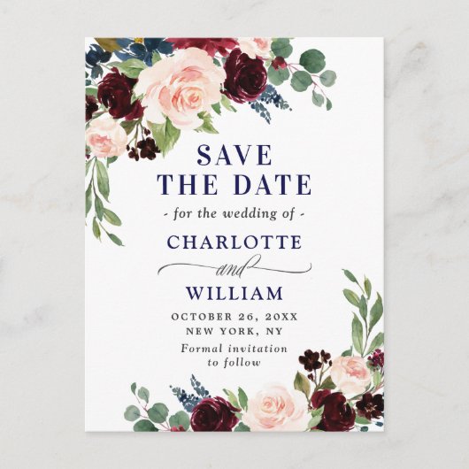 ブルゴーニュ海軍ブルー赤面ウェディング日付を保存 ポストカード (正面)