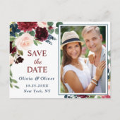 ブルゴーニュ海軍ブルー赤面ウェディング日付を保存 案内ポストカード (正面)