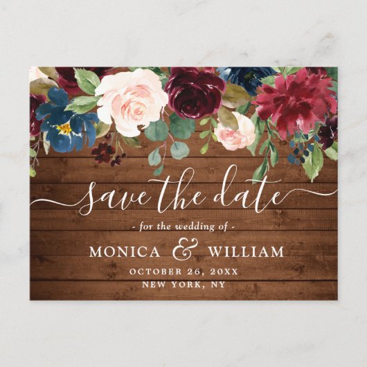 ブルゴーニュ海軍ブルー赤面ウェディング日付を保存 案内ポストカード (正面)