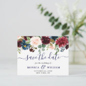 ブルゴーニュ海軍ブルー赤面ウェディング日付を保存 案内ポストカード (スタンド正面)