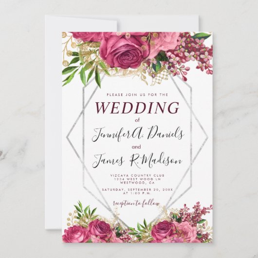 ブルゴーニュ海軍ブルー赤面シルバーウォーター色開花 招待状 (正面)