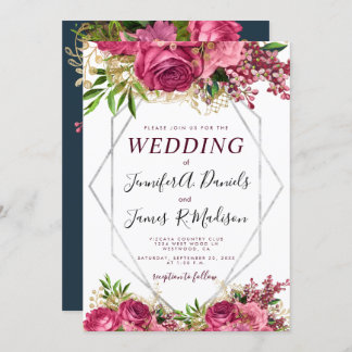 ブルゴーニュ海軍ブルー赤面シルバーウォーター色開花 招待状