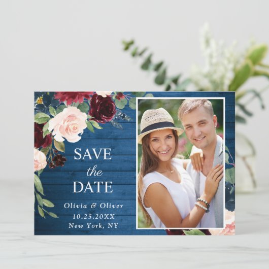 ブルゴーニュ海軍ブルー赤面フォトフローラ結婚ズ セーブザデート (スタンド正面)