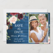 ブルゴーニュ海軍ブルー赤面フォトフローラ結婚ズ セーブザデート (正面)