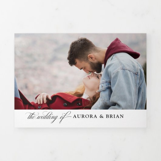 ブルゴーニュ海軍ブルー赤面フローラ写真結婚の写真 三つ折り案内状 (カバー)