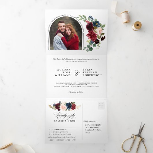 ブルゴーニュ海軍ブルー赤面フローラ写真結婚の写真 三つ折り案内状 (内部)