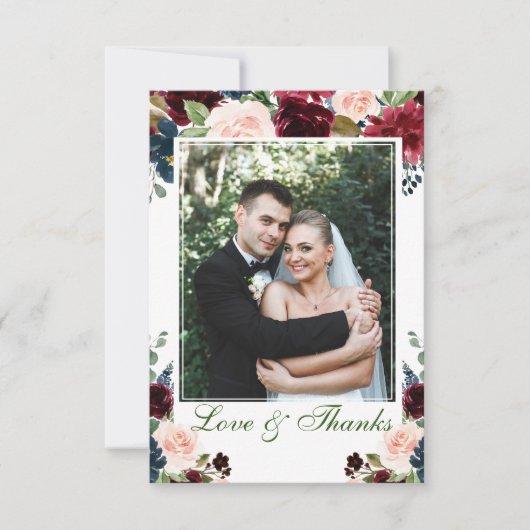 ブルゴーニュ海軍ブルー赤面フローラ結婚写真 サンキューカード (正面)