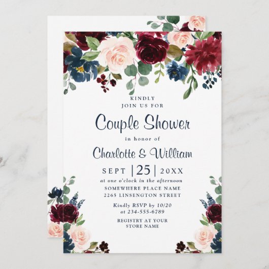 ブルゴーニュ海軍ブルー赤面花カップルのシャワー 招待状 (正面/裏面)