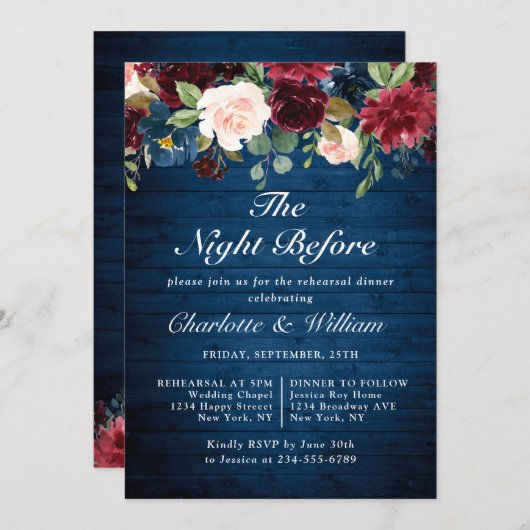 ブルゴーニュ海軍ブルー赤面花リハーサルディナー 招待状 (正面/裏面)