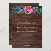 ブルゴーニュ海軍ブルー金ゴールドフローラダークウッド結婚ズ 招待状 (正面/裏面)