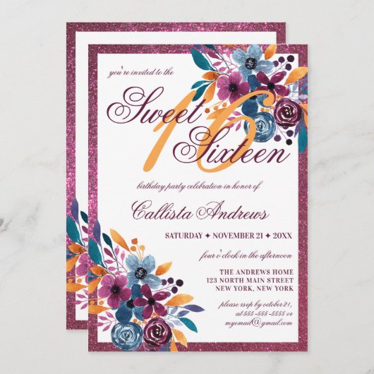 ブルゴーニュ海軍マスタード水の色の花の甘い16 招待状 (正面/裏面)