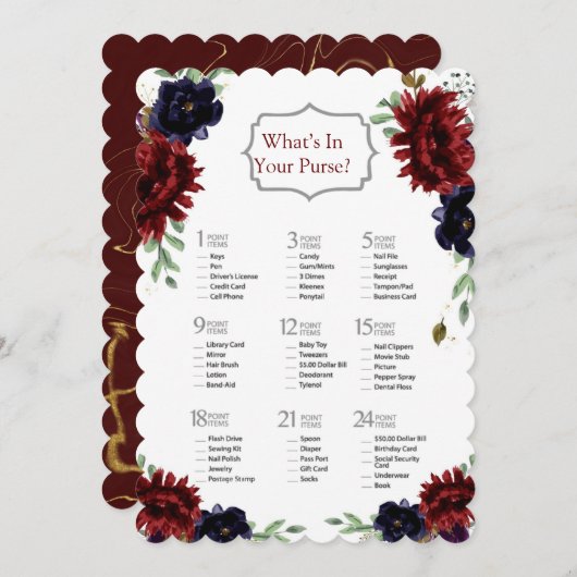 ブルゴーニュ海軍牡丹金ゴールドブライダルシャワーゲーム 招待状 (正面/裏面)