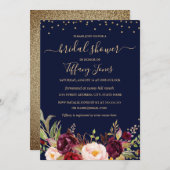 ブルゴーニュ海軍紙吹雪フローラ金ゴールドブライダルシャワー 招待状 (正面/裏面)