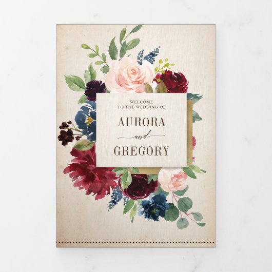 ブルゴーニュ海軍素朴フローラカントリー結婚ボホズ 三つ折り案内状 (カバー)