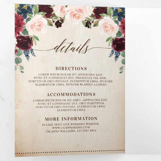 ブルゴーニュ海軍素朴フローラカントリー結婚ボホズ 三つ折り案内状 (内部最初)