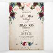 ブルゴーニュ海軍素朴フローラカントリー結婚ボホズ 三つ折り案内状 (内部中)