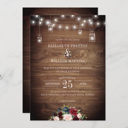 ブルゴーニュ海軍素朴フローラバーンウッド結婚ズ 招待状 (正面/裏面)