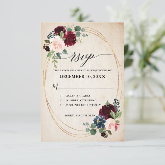 ブルゴーニュ海軍素朴フローラボホカントリーウェディングR 出欠カード (スタンド正面)