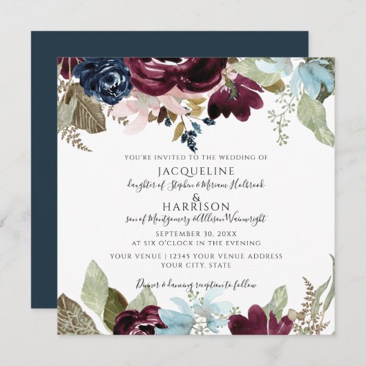 ブルゴーニュ海軍赤面エレガントフローラ結婚の葉 招待状 (正面/裏面)