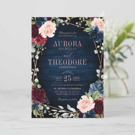 ブルゴーニュ海軍赤面バラ金ゴールド幾何結婚の 招待状 (スタンド正面)