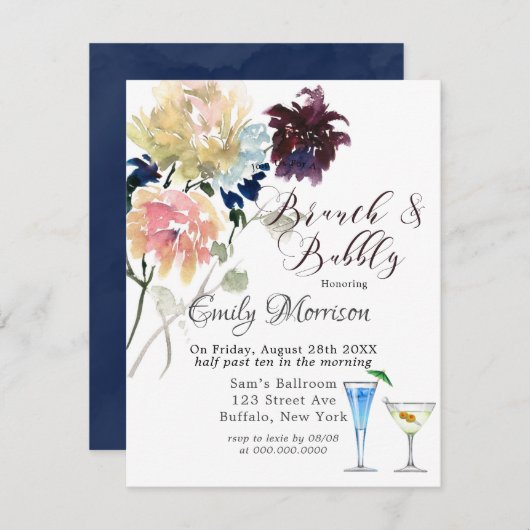 ブルゴーニュ海軍赤面ピンクピーニーブランチ&バブリーInv 招待状 (正面/裏面)