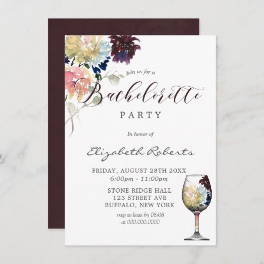 ブルゴーニュ海軍赤面ピンク牡丹バチェロレッテ 招待状 (正面/裏面)