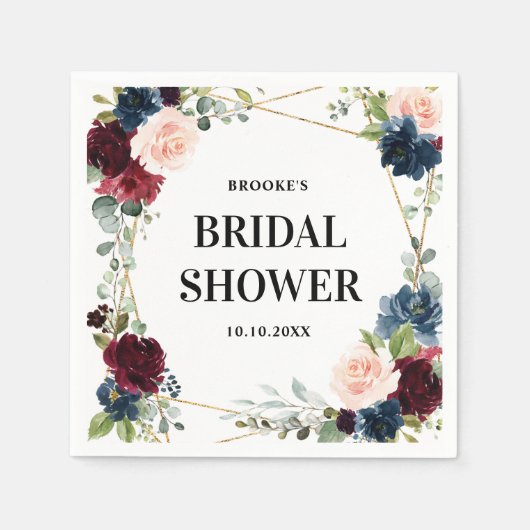 ブルゴーニュ海軍赤面フローラ幾何学ブライダルシャワー スタンダードカクテルナプキン (正面)