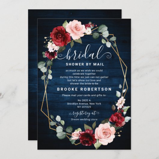 ブルゴーニュ海軍赤面フローラ幾何学ブライダルシャワー 招待状 (正面/裏面)